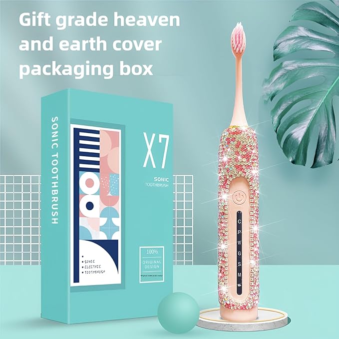 Electric Toothbrush for Woman Bling Diamond Decor Portable Travel Essentials for Couple Gifts Toothbrush with 3 Replacement Heads 6 Modes（Silver &amp Pink