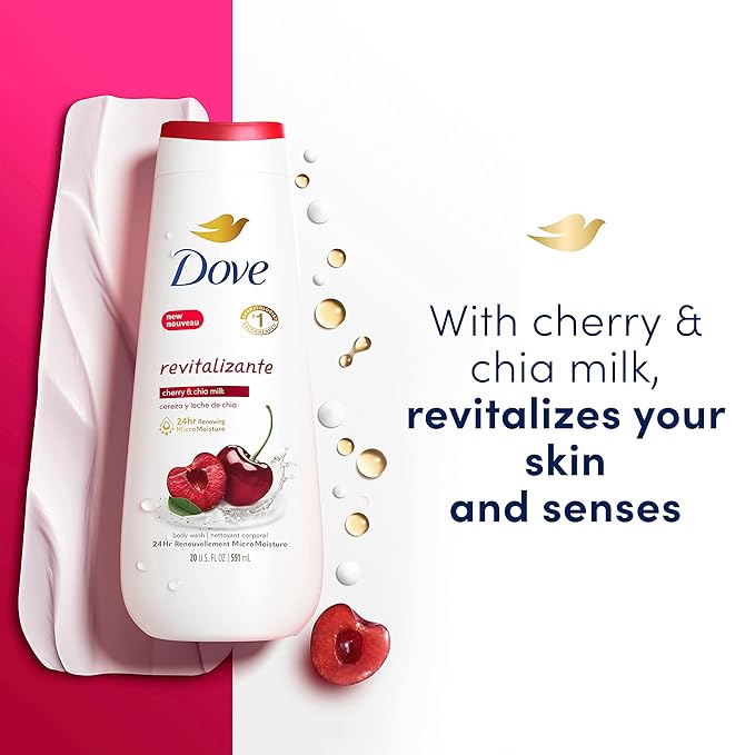 Dove Body Wash Revitalizante Cherry &amp Chia Milk 4 Count for Renewed Healthy-Looking Skin Gentle Skin Cleanser with 24hr Renewing MicroMoisture 20 oz