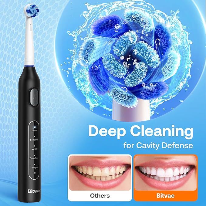 Bitvae R1 Rotating Electric Toothbrush with 8 Brush Heads for Adults and Kids 60-Day Battery Life 5 Modes Rechargeable Power Toothbrush with 2-Minute Smart Timer Black