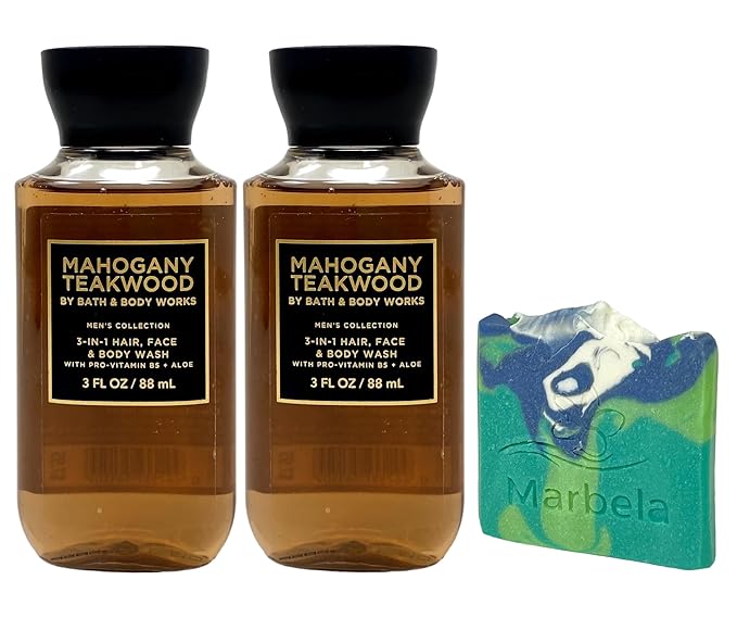 Bath &amp Body Works The Men's Collection 2 Mahogany Teakwood - 3-in-1 Hair Face &amp Body Washes - with an Aloe Vera Sample Soap - Travel size