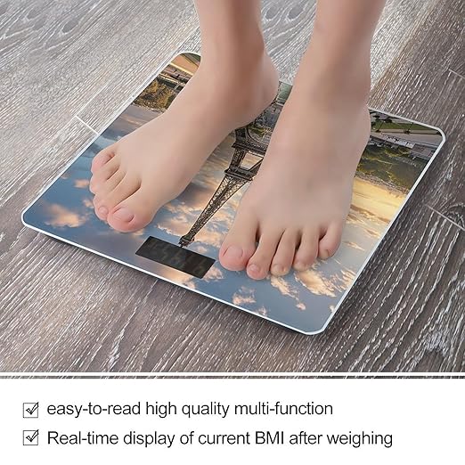 French Paris Tour Eiffel Tower Bathroom Scale for Body Weight with High Precision Large LCD Backlight Display Digital Weighing Scale with BMI Capacity Up to 180kg