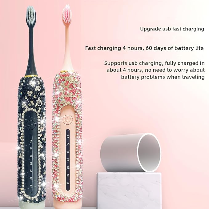 Electric Toothbrush for Woman Bling Diamond Decor Portable Travel Essentials for Couple Gifts Toothbrush with 3 Replacement Heads 6 Modes（Silver &amp Black