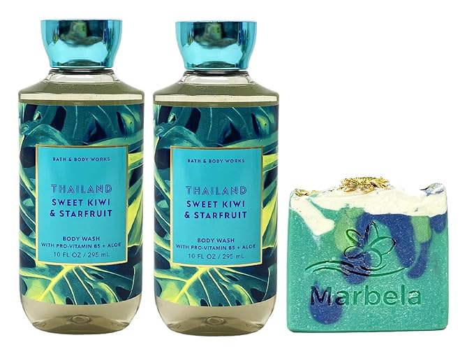 Bath &amp Body Works Thailand Sweet Kiwi &amp Starfruit Body Wash 2 Pack with an Aloe Vera Bar Soap