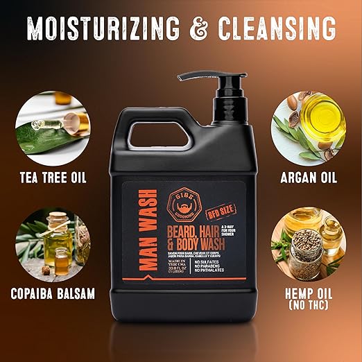 GIBS Grooming - Man Wash 3-in-1 Beard Hair Body Soap - Citrus Oak Basil Scent - Sulfate Free - Tea Tree Oil Hemp Oil Protein - Mens Body Wash &amp Mens Shampoo - Made in USA