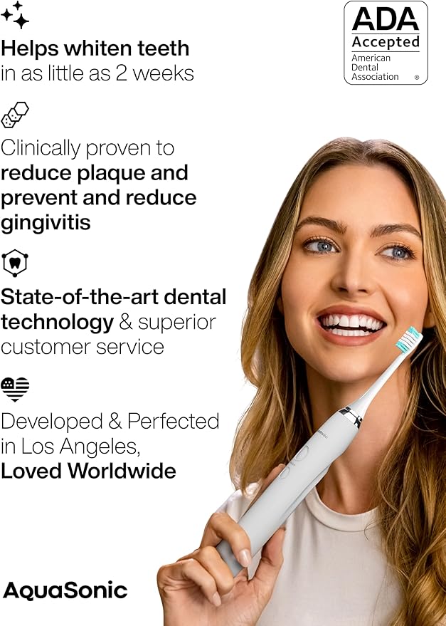 Aquasonic Vibe Series Ultra-Whitening Toothbrush – ADA Accepted Electric Toothbrush - 8 Brush Heads &amp Travel Case – 40000 VPM Motor &amp Wireless Charging - 4 Modes w Smart Timer – Optic White