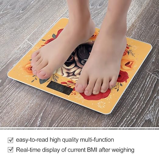 Pug Flower Bathroom Scale for Body Weight Bathroom Weighing Scale with Backlit LCD Display Highly Accurate Measures Weight Up to 180kg