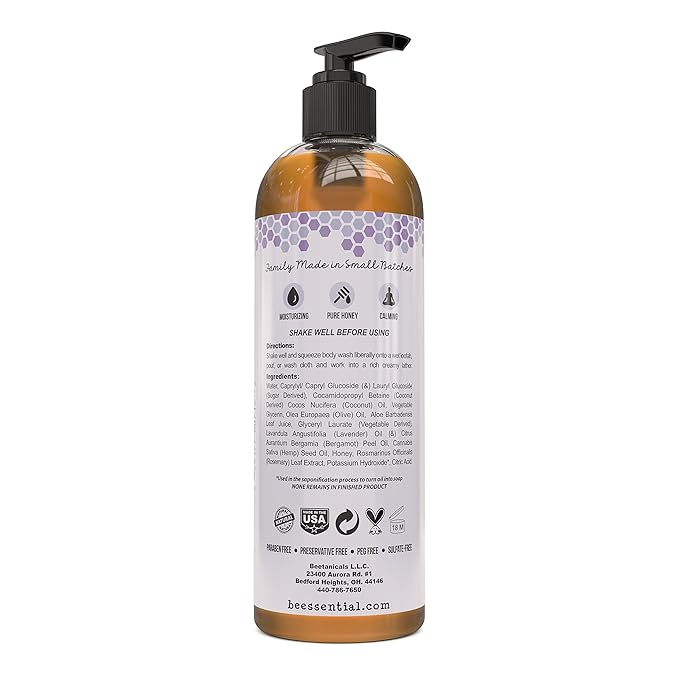 Beessential Natural Body Wash Lavender Sulfate-Free Bath and Shower Gel with Essential Oils for Men &amp Women 16 oz