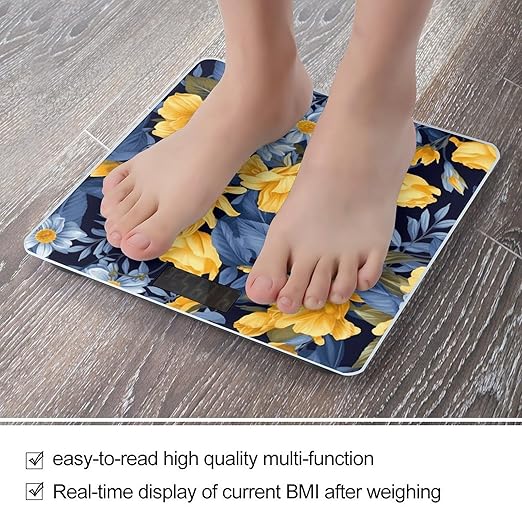 Blue Base Yellow Floral Scale for Body Weight Safe Rounded Corners Tempered Glass Digital Bathroom Scale LED Display 400lb Capacity Weight Scales with High Precision Sensors