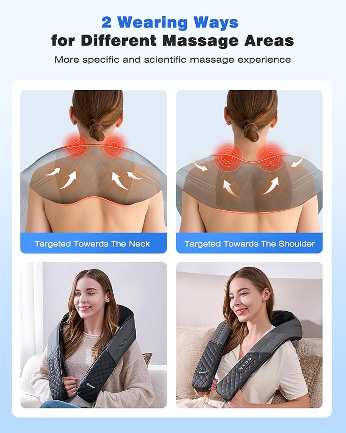 KINGJOY Neck and Shoulder Massager with Heat Shiatsu Neck and Back Massager for Back Shoulder Legs 2025 Upgraded 4D Kneading Deep Tissue Pain Relief Gifts for Women/Men/Mom/Dad Plug-in Use Only