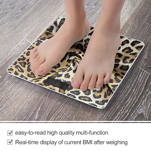 Leopard Print Pattern Scale for Body Weight Highly Accurate Digital Bathroom Scale Sturdy Tempered Glass Weighing Scales with LCD Display Fashion Body Fat Smart Scales 400lb