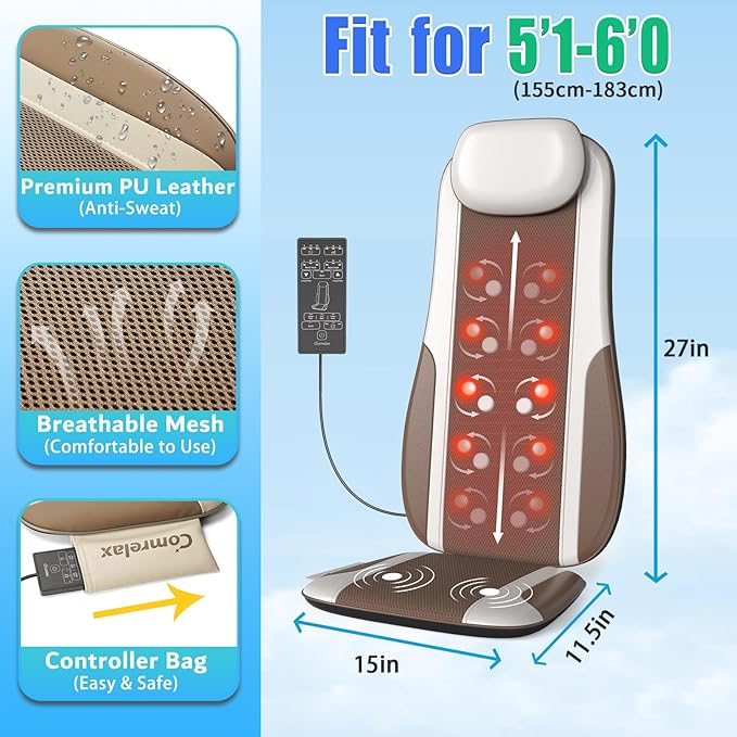 Shiatsu Back Massager with Heat Massage Chair Pad Seat Cushion for Stress Relief Deep Tissue Kneading &amp Roller 2 Vibration Motors Back Waist Hip Massager PU Leather with 2 Adapters