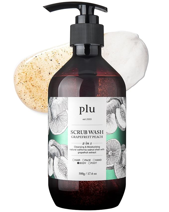 PLU Scrub Body Wash Grapefruit Peach – Korean Exfoliating Body Cleanser - Hydrating Nourishing Radiant Glow Skin - Sweet and Tangy Grapefruit Peach Scent - Hypoallergenic 16.9 fl.oz.