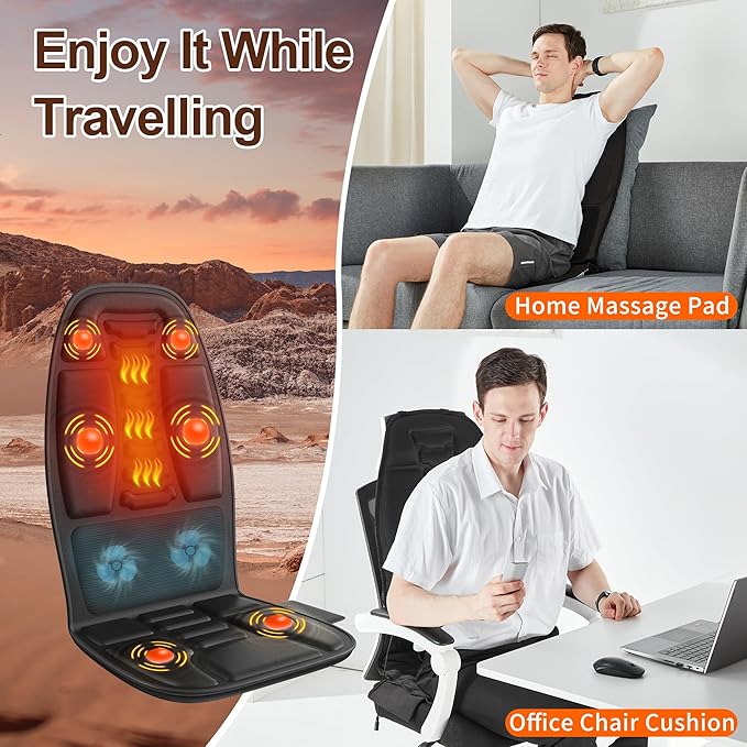 Back Massager with Heat Cooling Back Massager for Chair Chair Massager for Full Body Massage Deep Tissue Vibration Pad with 6 Vibration Nodes Jet-Black