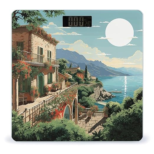 Mediterranean Summer Scale for Body Weight Anti-Slip Tempered Glass Digital Bathroom Scales Clear LCD Display Weighing Scale Safe Rounded Corners Smart Scales