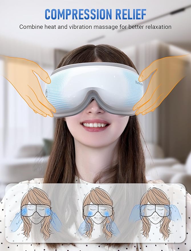 Eye Massager with Bluetooth Music Heating &amp Vibration-Wireless Massage Mask for Relieving Dry Eyes Eye Strain &amp Headaches Promote Sleep 180° Foldable Travel Office Users