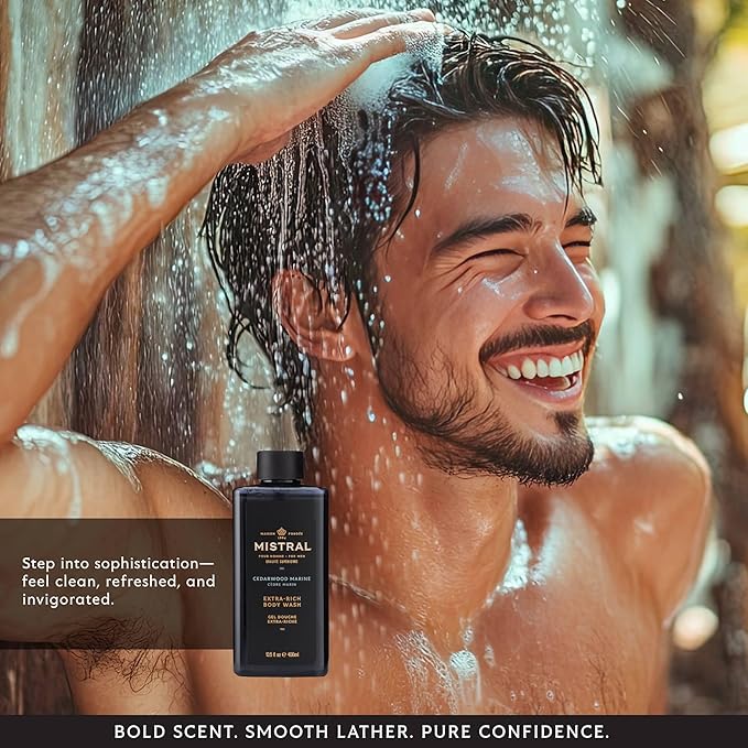 Mistral Men's Body Wash &amp Shampoo Cedarwood Marine 13.5 oz | 2-in-1 Natural Shower Gel for Men | SLS Paraben &amp Phthalate Free | Natural Men’s Body Wash Moisturizing Bath Gel - Made in Franc