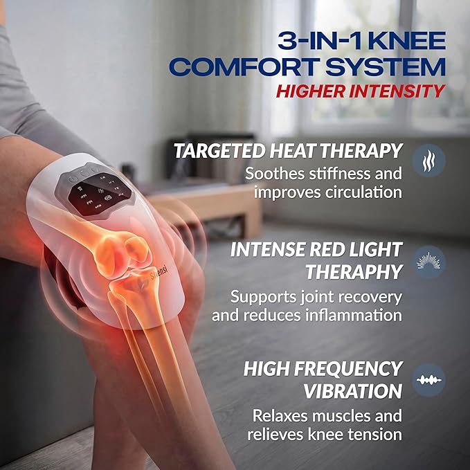 Knee Massager for Pain Relief Portable Cordless Knee Massager with Red Light Therapy Heat and Vibration 3 Heat Levels and 3 Vibration Modes for Joint Recovery Sports Injury and Muscle relaxation