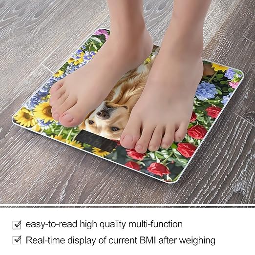 Golden Retriever and Flowers Scale for Body Weight Highly Accurate Digital Bathroom Body Scale Digital Bathroom Scales for People Anti-Slip Large LCD Display Smart Scales
