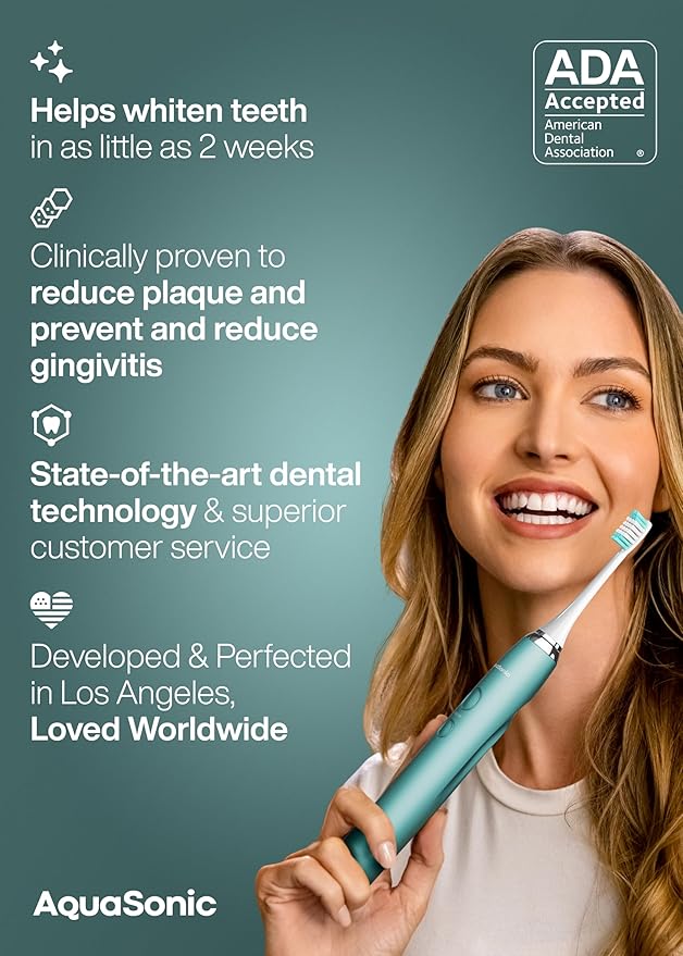 Aquasonic Vibe Series Ultra-Whitening Toothbrush – ADA Accepted Power Toothbrush - 8 Brush Heads &amp Travel Case – 40000 VPM Motor &amp Wireless Charging - 4 Modes w Smart Timer – Mint Green Metal