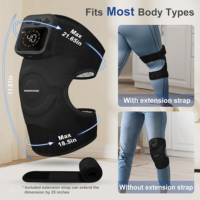 KingPavonini Cordless Knee Massager for Pain Relief Newly 4 Motors Vibration 5 Heat Levels 6 Massage Modes Knee Heating Pad for Knee Pain Heated Knee Massager Brace for Mom Dad (Black 1.0)