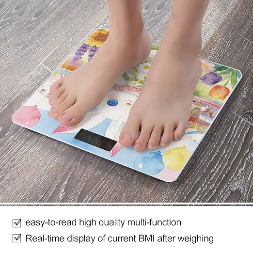 Flowered Dress Rabbit Smart Scale for Body Weight Digital Bathroom Scale Toughened Glass Weight Scale with Large LCD Backlight Display High Precision Scales Weighing Machine