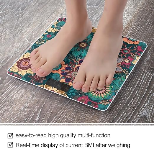 Bohemian Flower Bathroom Scale Automatic Power On/Off Body Scales LCD Backlight Display Square Digital Scale Rounded Corners Bathroom Scales for Home Bedrooms