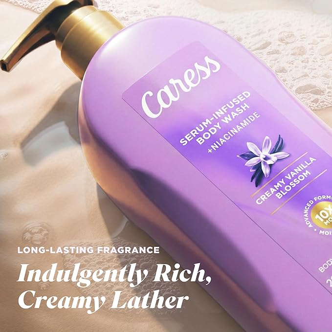 Caress Creamy Vanilla Blossom Moisturizing Body Wash with Pump Serum-Infused Formula with Niacinamide Sweet Musky Long Lasting Fragrance Dermatologist Tested 20 fl oz (4 Pack)