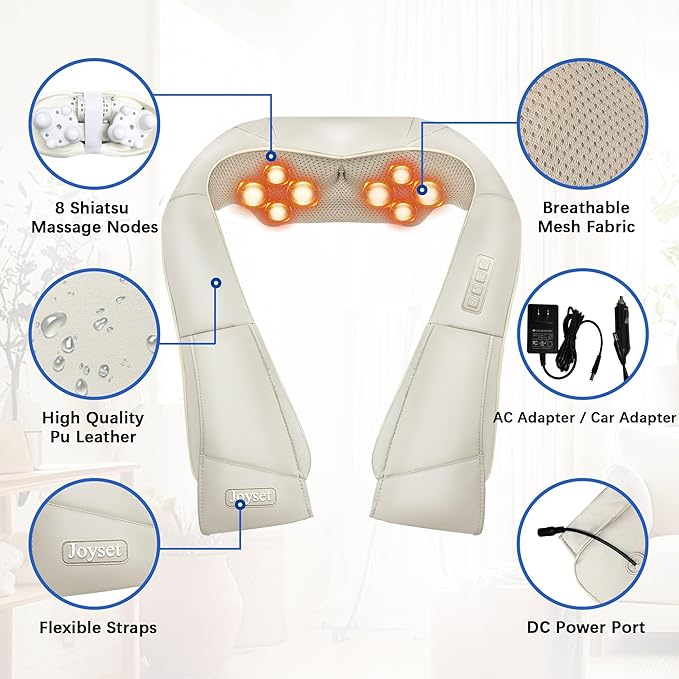 Joyset Shiatsu Neck and Back Massager with Heat Shoulder Massager for Pain Relief Deep Tissue3D Kneading Massage with Cloth Cover Easy to Clean (Khaki)