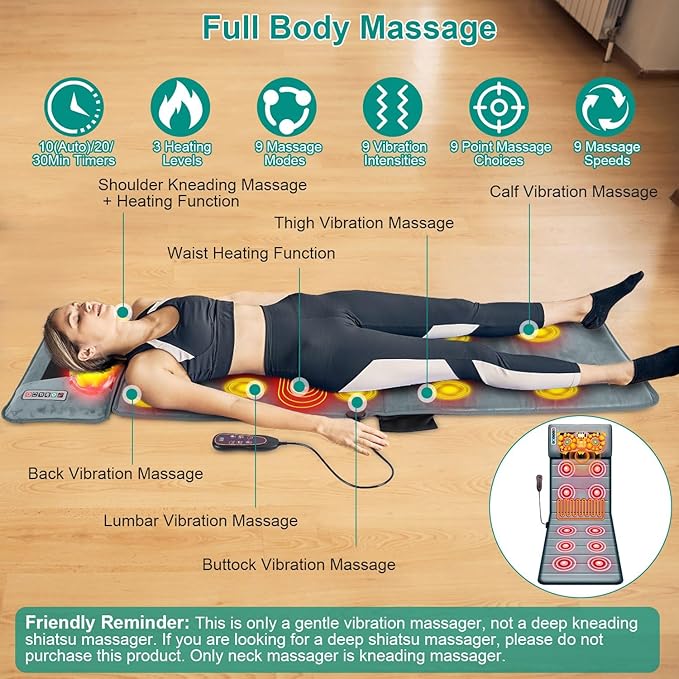 KOCASO Full Body Massage Mat with Heat - 10 Vibration Motors &amp 9 ModesBack Massager Neck Massager with with Neck Massage Pillow Timer Anti-Slip Bottom