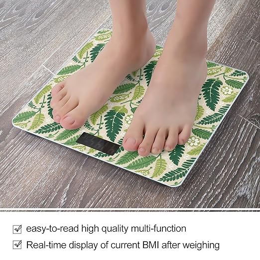 Green Leaves Print Weight Scale Large Bathroom Scales Digital Weight with Bright LED Display Non Slip Automatic Weighing Scale Fashion Weighing Machine for Body