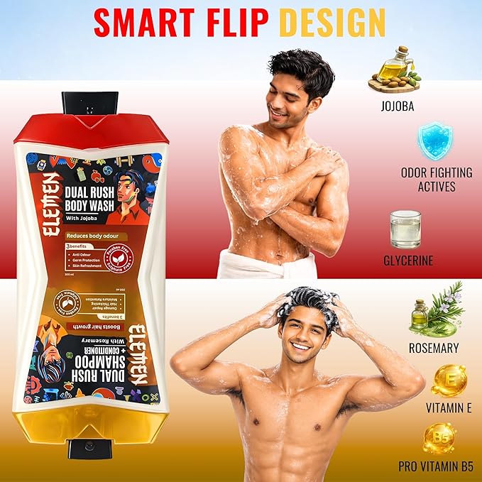 Elemen Dual Rush Flip Duo Bottle 500ml | Body Wash + Shampoo &amp Conditioner for Men | Daily Cleansing Body &amp Hair Care | Fresh &amp Strengthening Formula