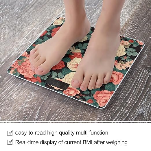 Roses and Peonies Scale for Body Weight Highly Accurate Digital Bathroom Scale Sturdy Tempered Glass Weighing Scales with LCD Display Fashion Body Fat Smart Scales 400lb