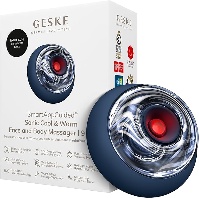 GESKE SmartAppGuided™ Sonic Cool &amp Warm Face &amp Body Massager | 9 in 1 | Electric Massager | Face &amp Body | Battery-Free Cooling &amp Warming | Firms Relaxes &amp De-Puffs Skin | with Sma