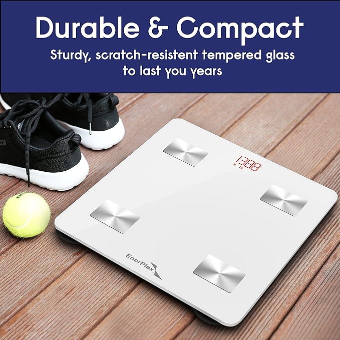 EnerPlex Fit Custom Bluetooth Body Fat Scale Weight Scales Digital Smart Body Composition Wireless Analyzer BMI Scale Health Monitor with Smartphone APP 396 lbs White