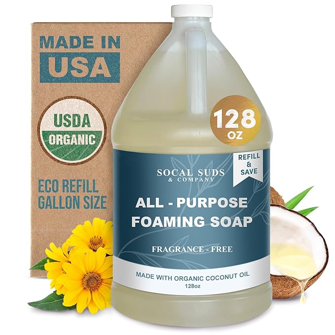 SoCal Suds &amp Company 128oz Certified Organic Foaming Hand &amp Body Wash - Gentle Natural BodyBaby &amp Face Wash for Sensitive Skin Moisturizing All-Purpose Foaming Soap &amp More - Fragranc