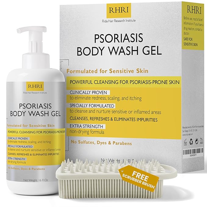 Body Wash | Psoriasis Treatment For Skin | Psoriasis Body Gel | Foaming Cleanser For Dry Itchy Red Flaky Scaly Skin w/Scrubber