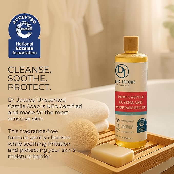 Dr. Jacobs Naturals Hypoallergenic Castile Soap Dermatologist Tested Unscented Soap for Eczema &amp Psoriasis Relief - Sensitive Skin Body Wash Vegan &amp Gluten-Free Formula for All-Day Hydration