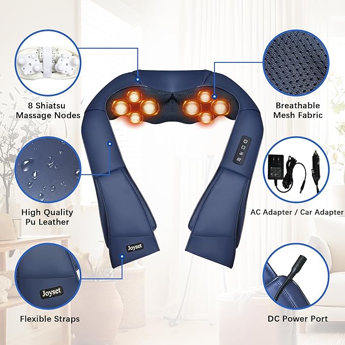Joyset Shiatsu Neck and Back Massager with HeatElectric Shoulder Massager for Pain Relief Deep Tissue3D Kneading Massage with Cloth Cover Easy to Clean (Blue)