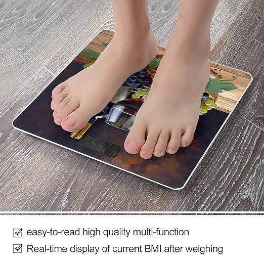 Art Red Wine Galsses &amp Grapes Scale for Body Weight High Precision Digital Weight Scales with LCD Display Anti-Slip Sturdy Slim Tempered Glass Bathroom Scale for Home Use