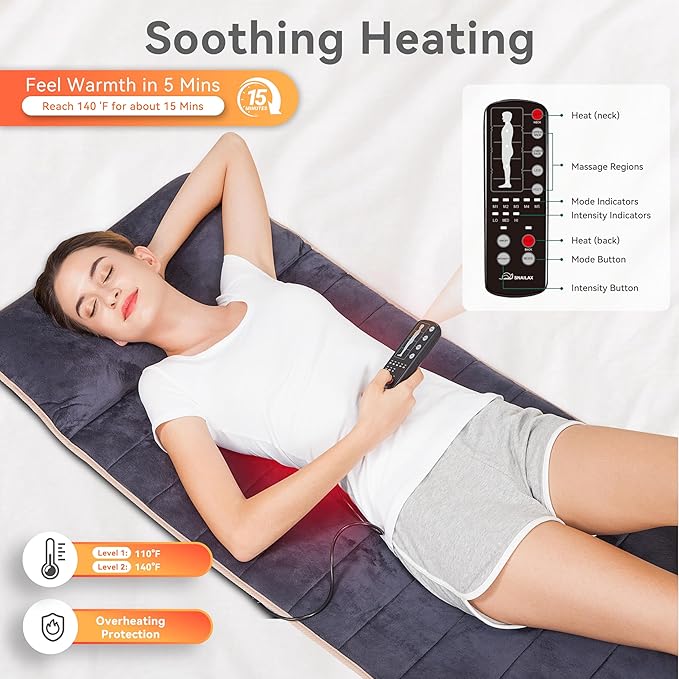 Snailax Memory Foam Massage Mat with Heat 10 Vibrating Motors Full Body Massager Pad for Back Pain Relief 6 Heating Pads for Neck Lumbar and Leg - Gifts for Mom
