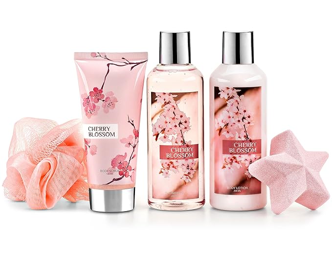 Fragrance Bath &amp Body Collection Gift Box Includes Shower Gel Body Lotion Body Scrub Bath Bomb &amp Sponge (Cherry Blossom) – Mother's Day Gift for Mom