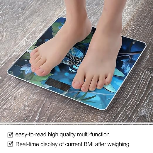 Art Blue Dragonfly Bathroom Scale Rounded Smart Scale for Body Weight Automatic Power On/Off Weight Scales Accurate Bathroom Digital Scales for Pet Home Bedroom Kitchen