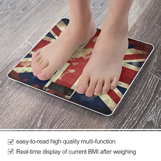 Vintage Union Jack British Flag Scale with LCD Easy-to-Read Anti-Slip Weight Digital Bathroom Scale Precision Weighing Scales Sturdy Tempered Glass Body Weight Scales for Daily Use