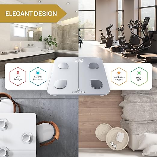 INEVIFIT Smart Body Fat Scale Highly Accurate Bluetooth Digital Bathroom Body Composition Analyzer Measures Weight Body Fat Water Muscle Visceral Fat &amp Bone Mass for Unlimited Users (White)