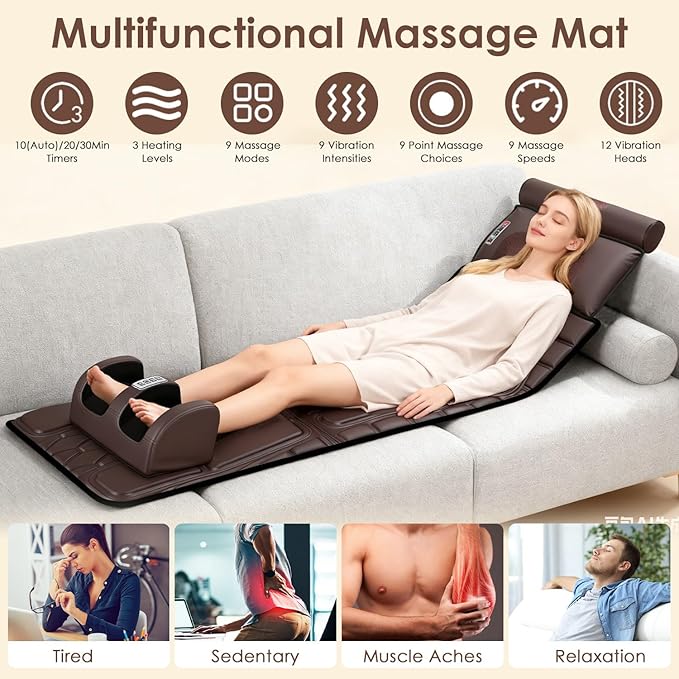 KOCASO PU Leather Full Body Massage Mat Multifunctional Massage Chair Pad with Heat Timer Shiatsu Neck Foot Massager Lumbar Pillow Carry Bag Earplugs Anti-Slip Bottom for Reclining Chair