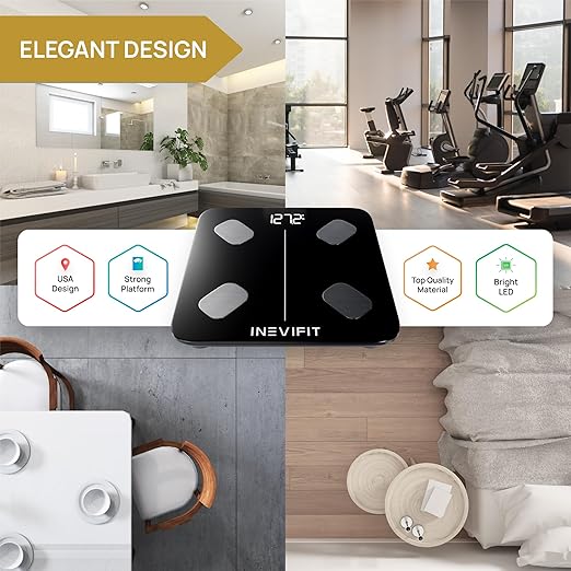 INEVIFIT Smart Body Fat Scale Highly Accurate Bluetooth Digital Bathroom Body Composition Analyzer Measures Weight Body Fat Water Muscle Visceral Fat &amp Bone Mass for Unlimited Users (Eco-Blk