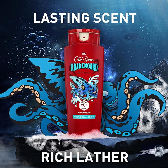 Old Spice Cleansing Body Wash for Men 3X Defense 24/7 Shower Fresh with Lasting Scent 2-in-1 Body &amp Face Wash Krakengard with Deep Ocean Scent 24 oz (Pack of 4)