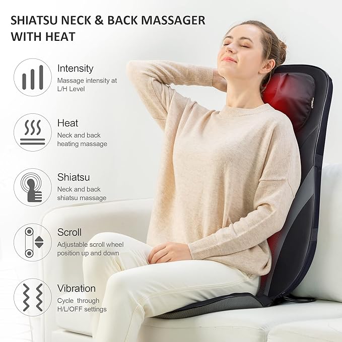 Snailax Shiatsu Back Massager with Heat -Deep Kneading Massage Chair Pad with Adjustable Intensity Shiatsu Chair Massager to Relax Full Body MuscleGift for Mother