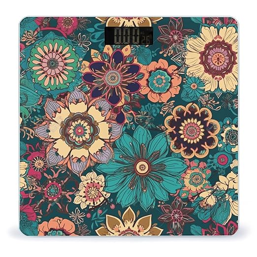 Bohemian Flower Bathroom Scale Automatic Power On/Off Body Scales LCD Backlight Display Square Digital Scale Rounded Corners Bathroom Scales for Home Bedrooms