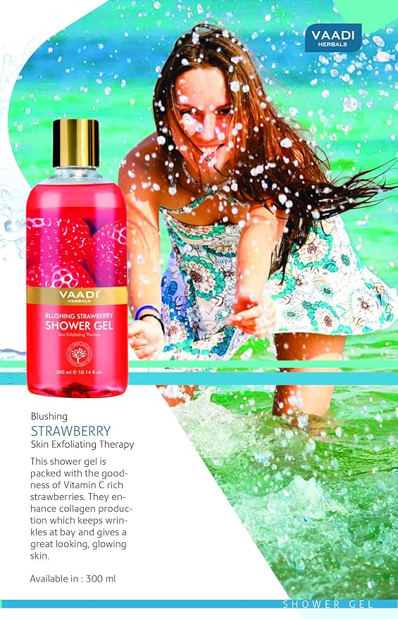 Vaadi Herbals Shower Gel - Sulfate-Free - Herbal Body Wash Both For Men And Women - 300 Ml (10.14 Fl Oz) - (Blushing Strawberry) (3 Bottles)